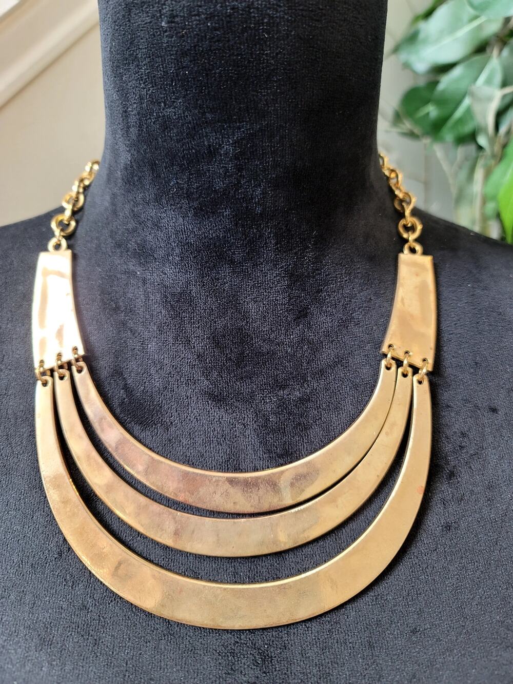 Gold Tone Layered Crescent Bib Statement Necklace Modern Boho